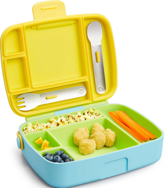 Munchkin Lunch Bento Box for Kids and Toddlers, Includes Stainless Steel Utensils, BPA-Free, 18 Months and Up, Blue/Green/Yellow
