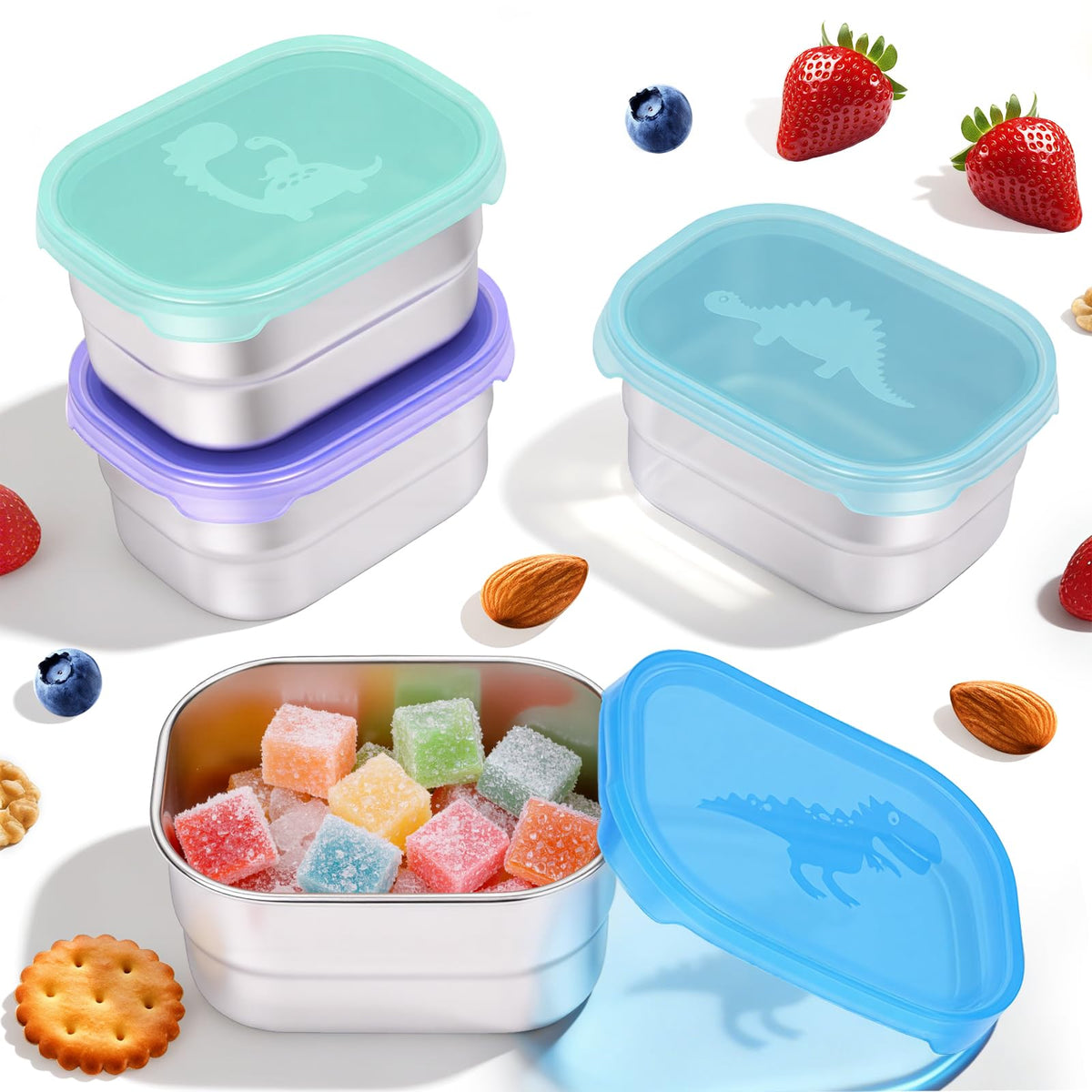 Tanjiae 3 CUP+1 CUP Stainless Steel Lunch Snack Containers Set | Leak Proof 304 Stainless Steel Food Containers with Silicone Lids - Perfect Metal Lunch Box for School and Daycare (25oz+8oz*2)