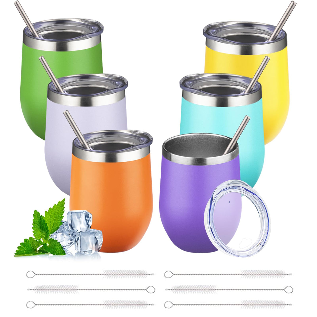 12oz Stemless Wine Tumbler with Lid Double Wall Insulated Wine Cup Stainless Steel Glasses Tumbler with Straw Insulated Cocktail Tumbler Coffee Mug for Hot and Cold Beverages (Multicolor-4, 4 Pack)