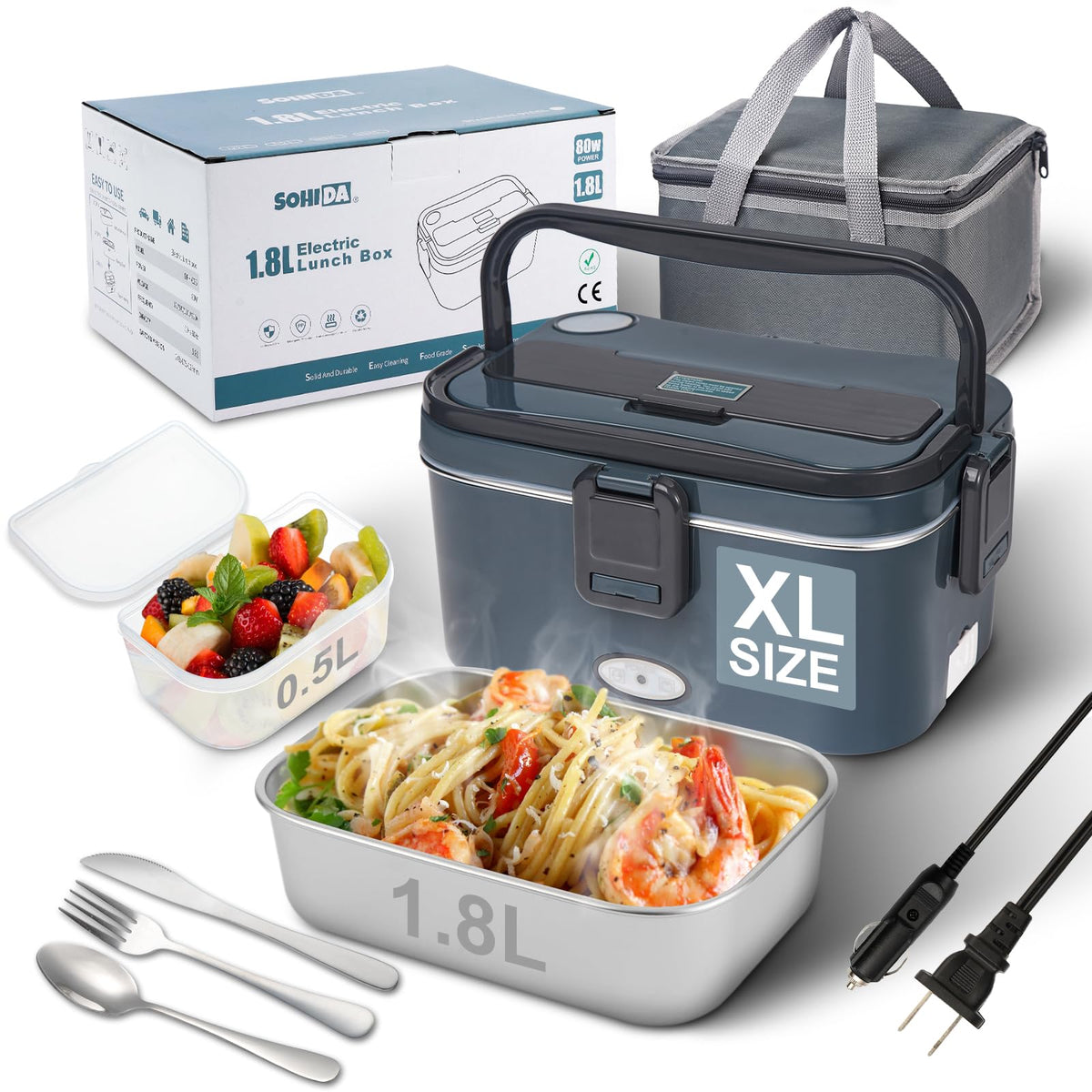 1.8L Heated Lunch Box for Men, Portable Food Warmer for Car/Truck/Office