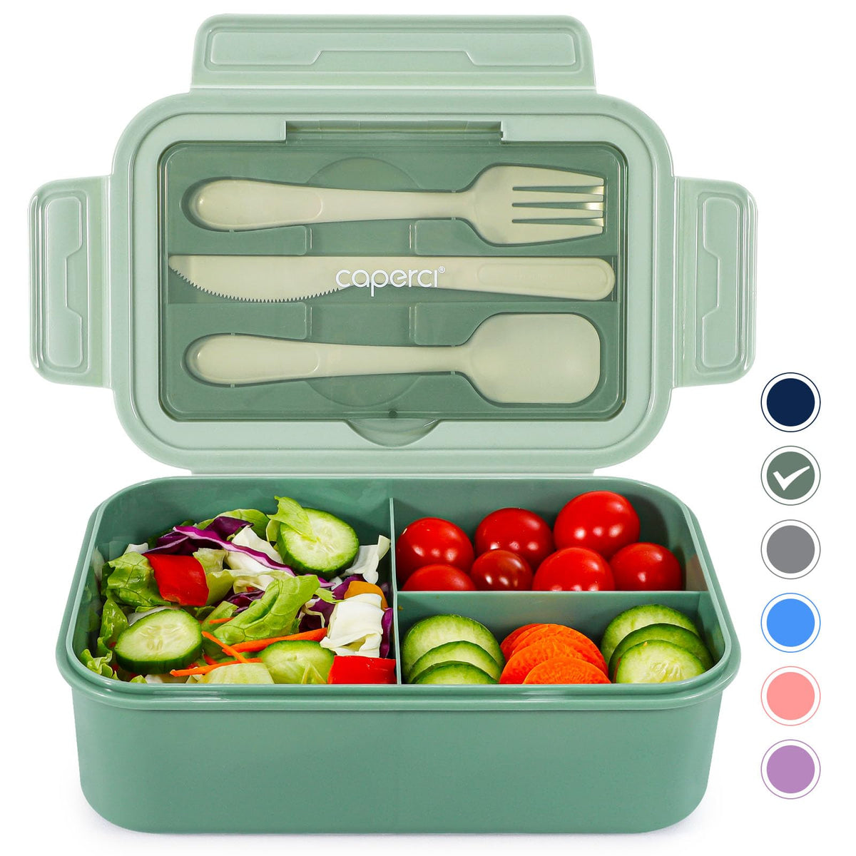 Caperci Classic Bento Box Adult Lunch Box for Older Kids - Leakpoof 47 oz 3-Compartment Lunch Containers for Adults and Teens, Built-in Utensil Set, Ideal for On-the-Go Balanced Eating, Gray