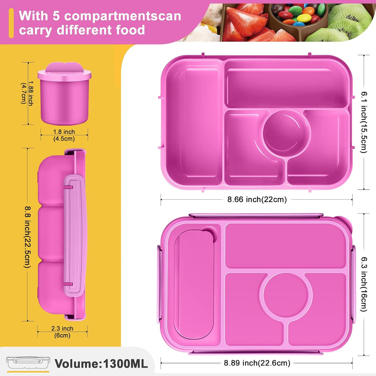Amathley Bento Box Adult Lunch Box Kids,Lunch Containers for Adults/Kids/Toddler,5 Compartments Bento Lunch Box with Sauce Vontainers,Microwave & Dishwasher & Freezer Safe,BPA-Free (Red lily)