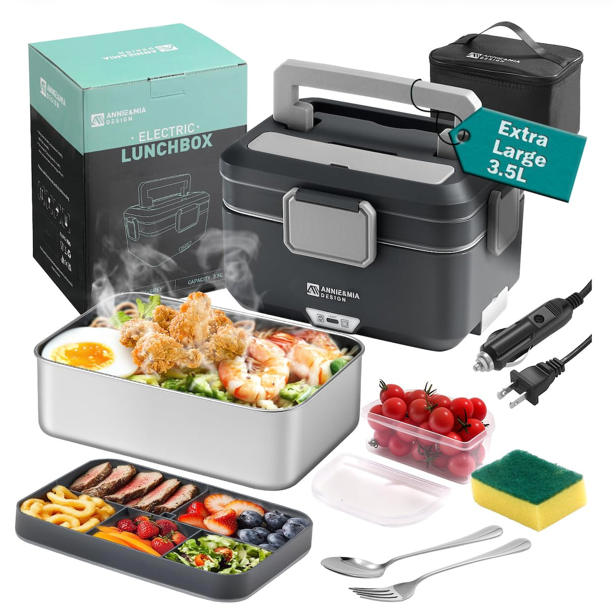 Annie & Mia Design Electric Lunch Box for Adults, 100w 3.5L 2-Layer Portable Food Warmer, Dual Mode 2.5L + 1L Heated Lunch Box for Adults, Home/Car/Office/Truck Use, Lonchera Eléctrica Portátil