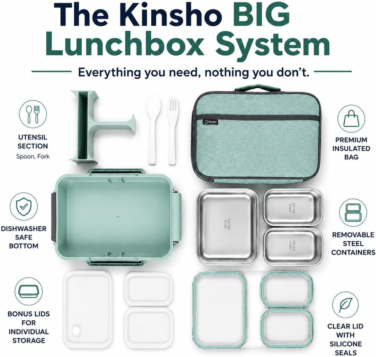 kinsho BIG Bento Lunch Box & Bag, Stainless Steel - Adults Teens Kids Green