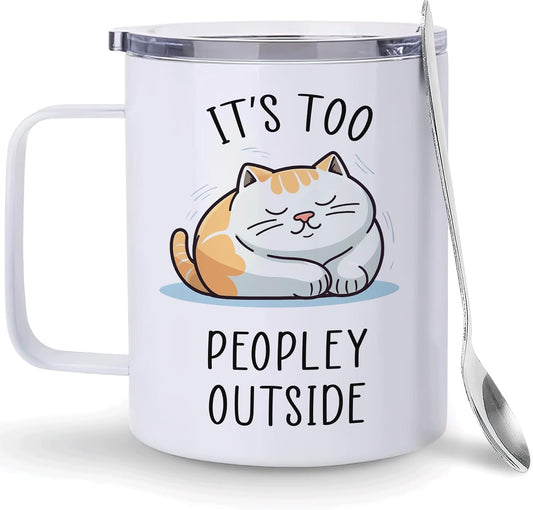 Hyturtle It's Too Peopley Outside Cat Mug With Lid & Spoon Gifts for Women