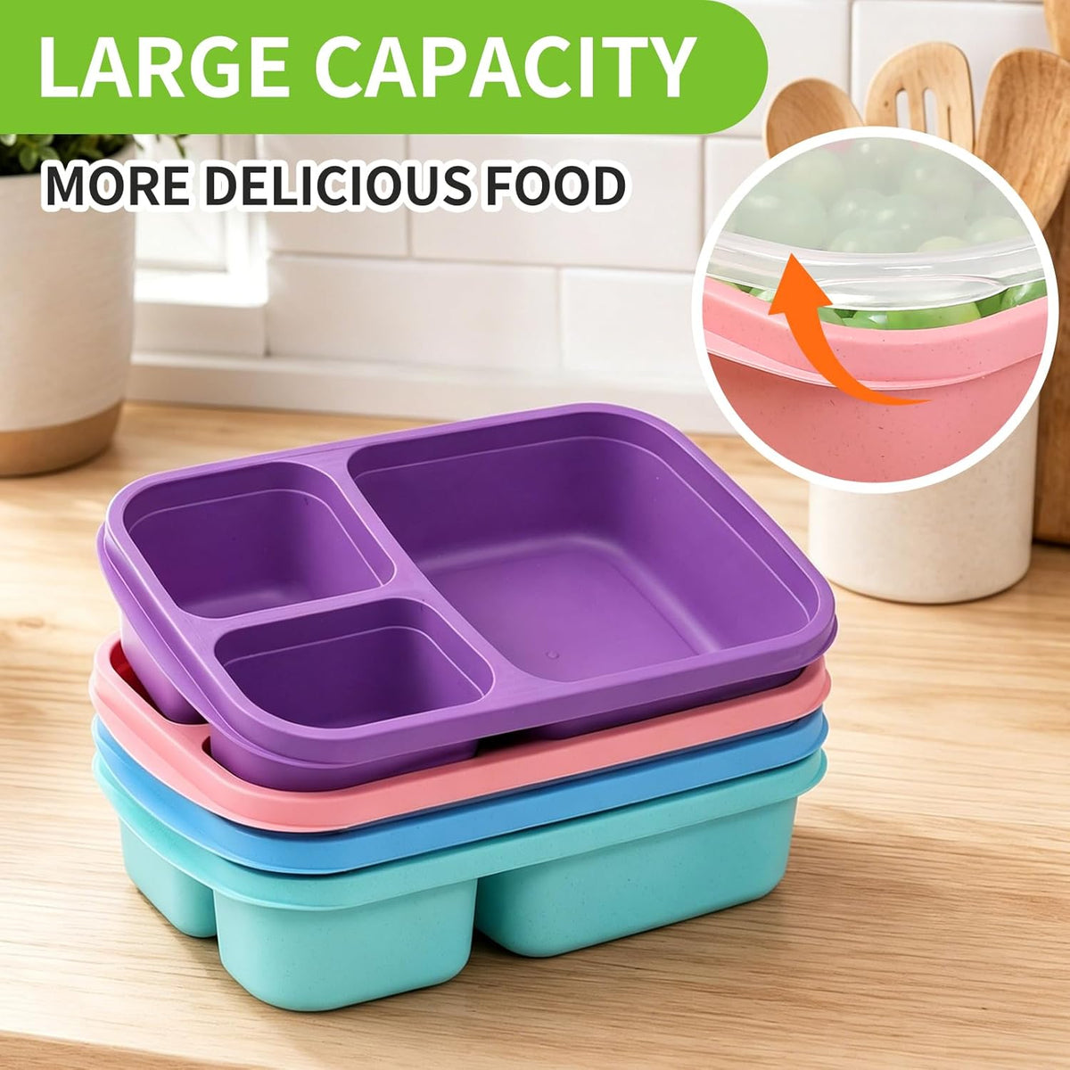 buluker 4 Pack Bento Lunch Box Set 3 Compartment Food Storage Containers Wheat Straw Meal Prep Lunch Box Plastic Food Storage Containers, Microwave and Dishwasher Safe (Vivid Colors)