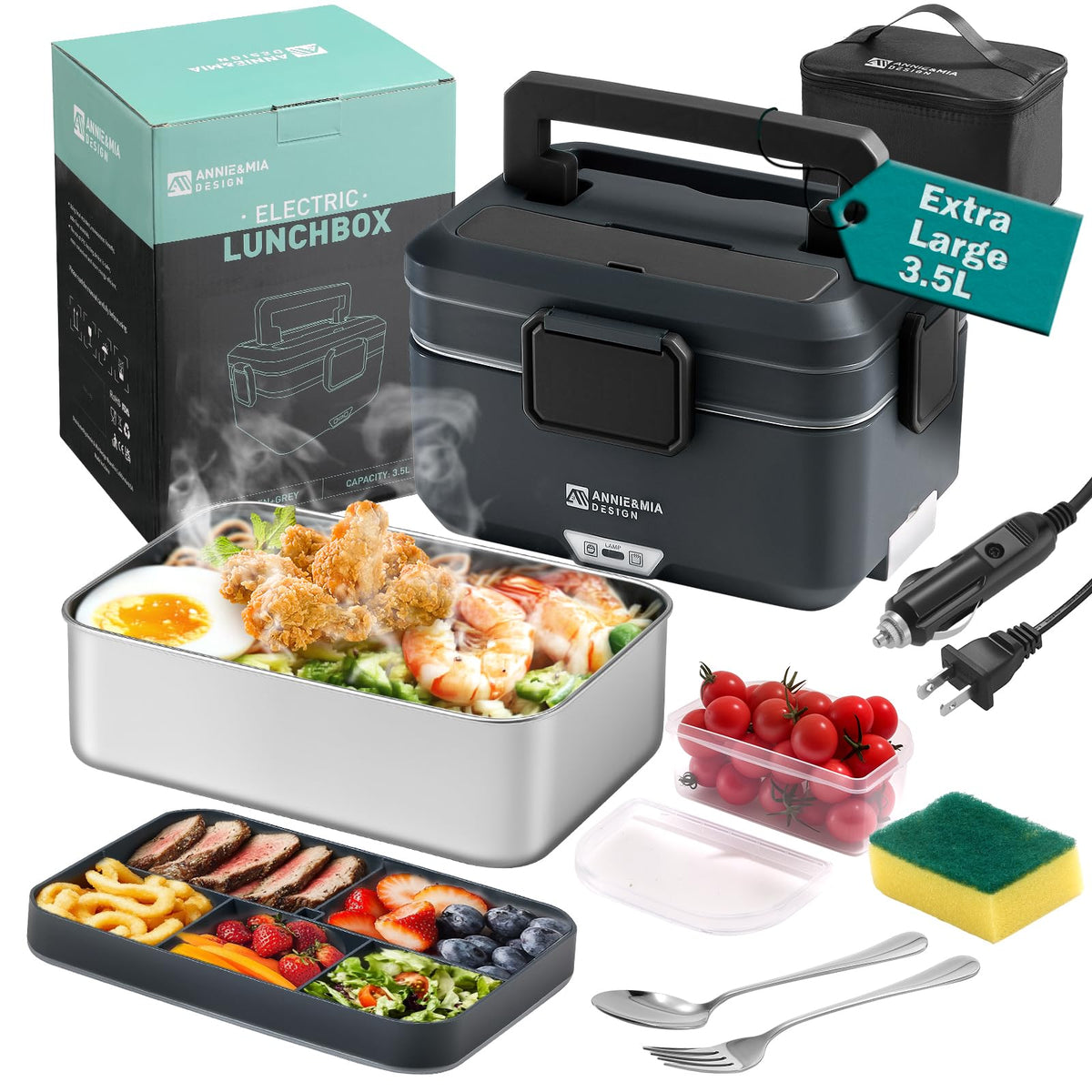 Annie & Mia Design Electric Lunch Box for Adults, 100w 3.5L 2-Layer Portable Food Warmer, Dual Mode 2.5L + 1L Heated Lunch Box for Adults, Home/Car/Office/Truck Use, Lonchera Eléctrica Portátil