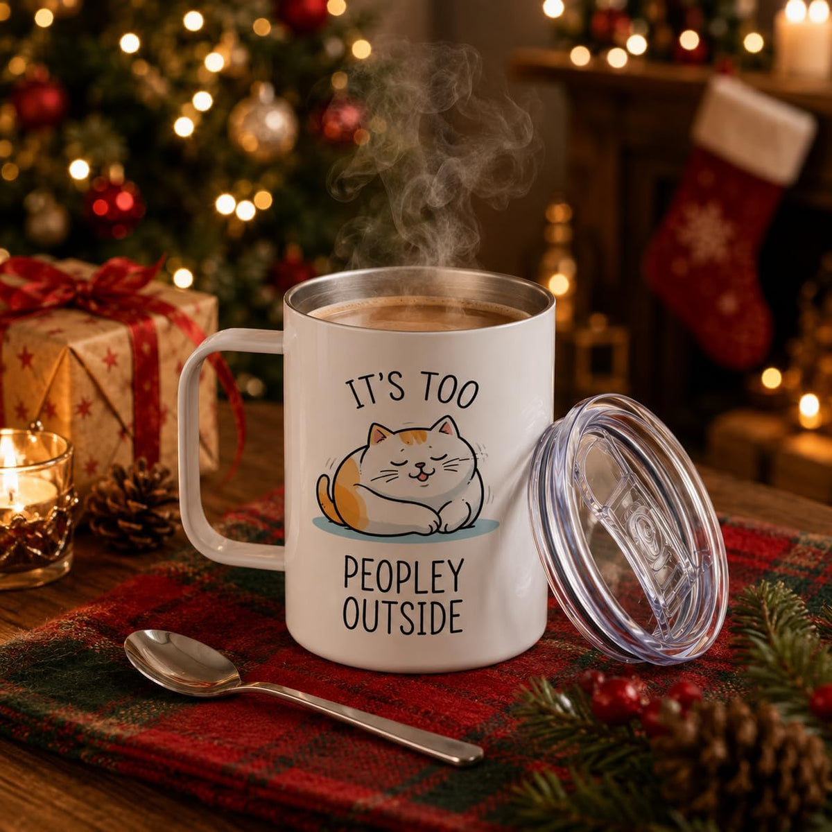 Hyturtle It's Too Peopley Outside Cat Mug With Lid & Spoon Gifts for Women