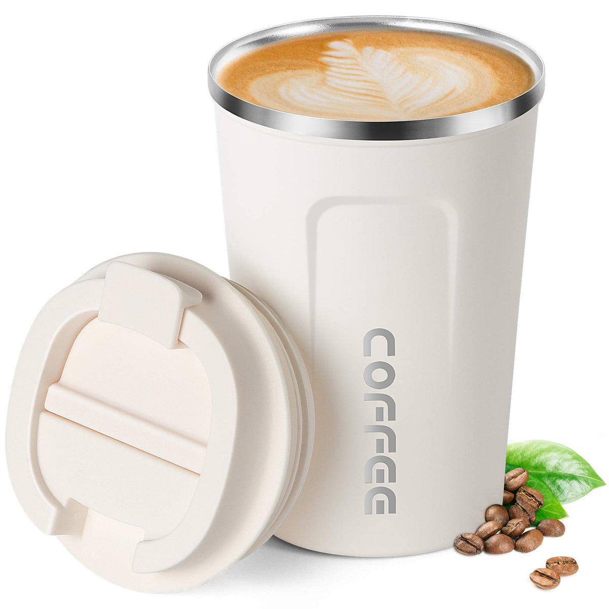 17oz (510ml) Vacuum Insulated Coffee Travel Mug, Leak proof Double Wall Stainless Steel Reusable Cup with Lid, Thermal Tumbler for Hot and Cold Drinks, Matte Texture White