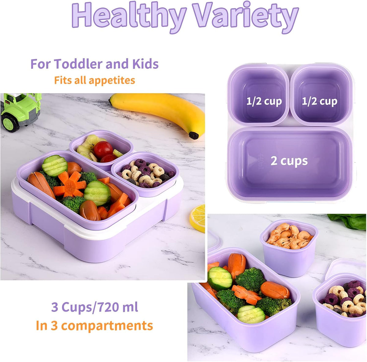 Genteen Bento Box for Kids, Kids Lunch Box with 3 Removable Compartments, Toddler Lunch Box for Daycare, School, Ideal Portion Size for Ages 3 to 7 BPA-Free Dishwasher Safe-Green - Purple