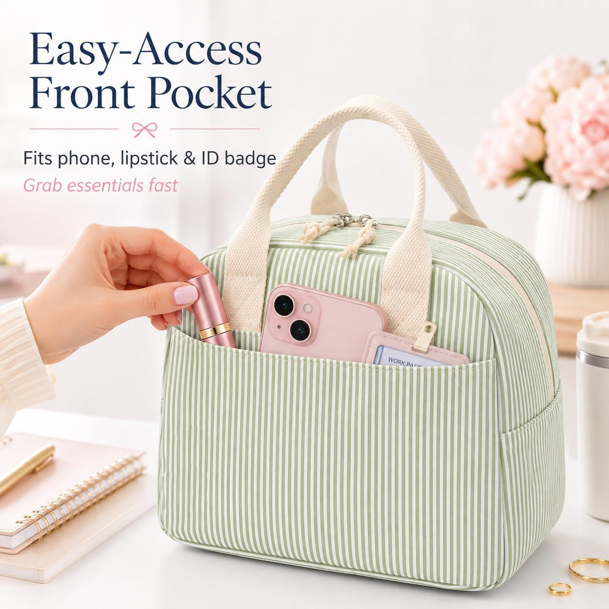 LOVELYWIND Lunch Box for Women, Insulated Lunch Bag, Green Stripe Tote 9L