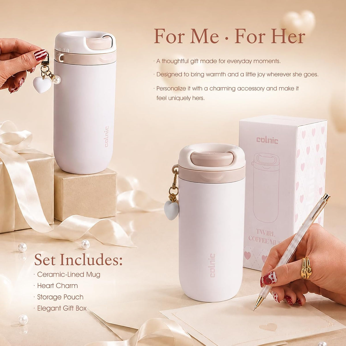 Ceramic Lined Travel Coffee Mug For Women, 15 oz Insulated Coffee Tumbler
