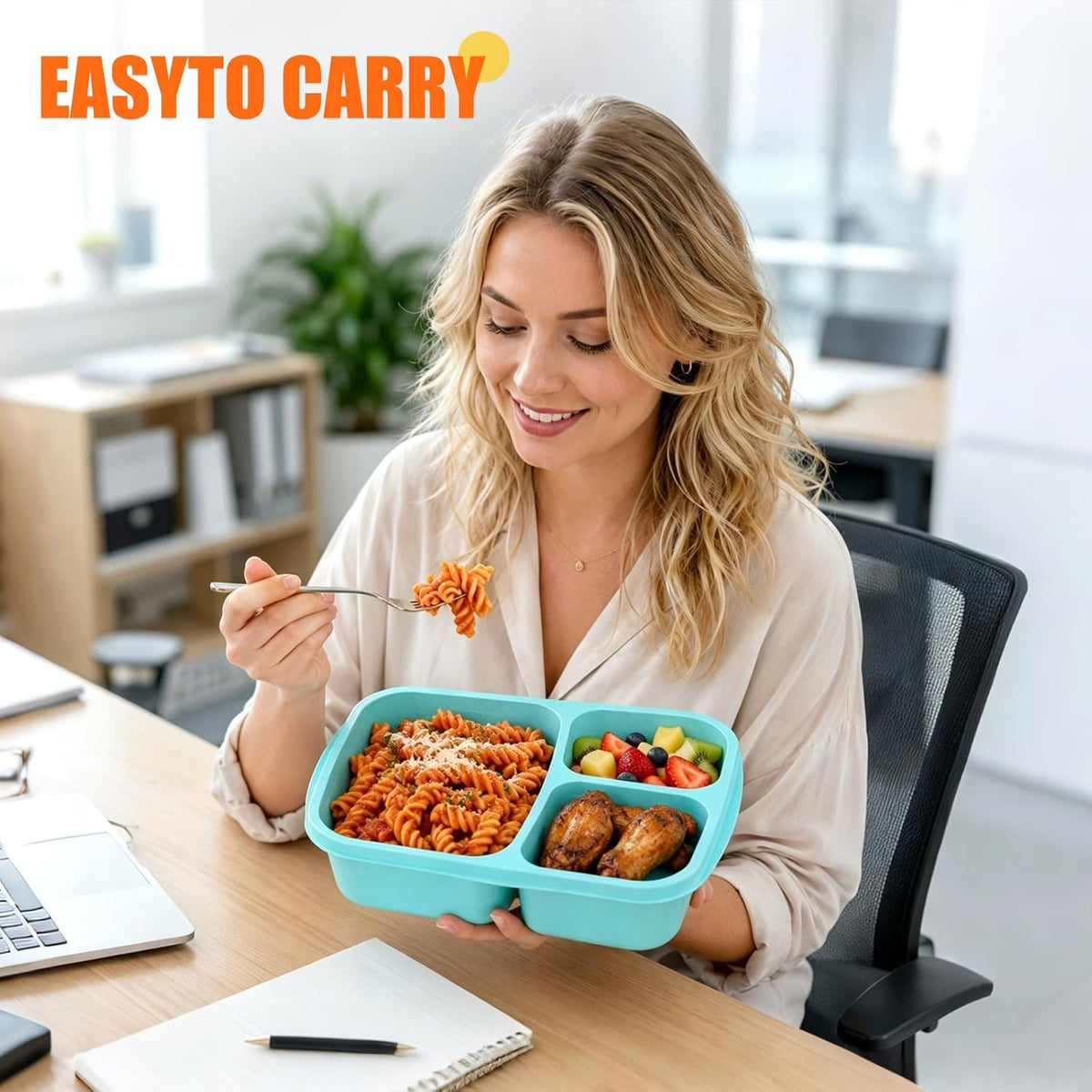 buluker 4 Pack Bento Lunch Box Set 3 Compartment Food Storage Containers Wheat Straw Meal Prep Lunch Box Plastic Food Storage Containers, Microwave and Dishwasher Safe (Vivid Colors)