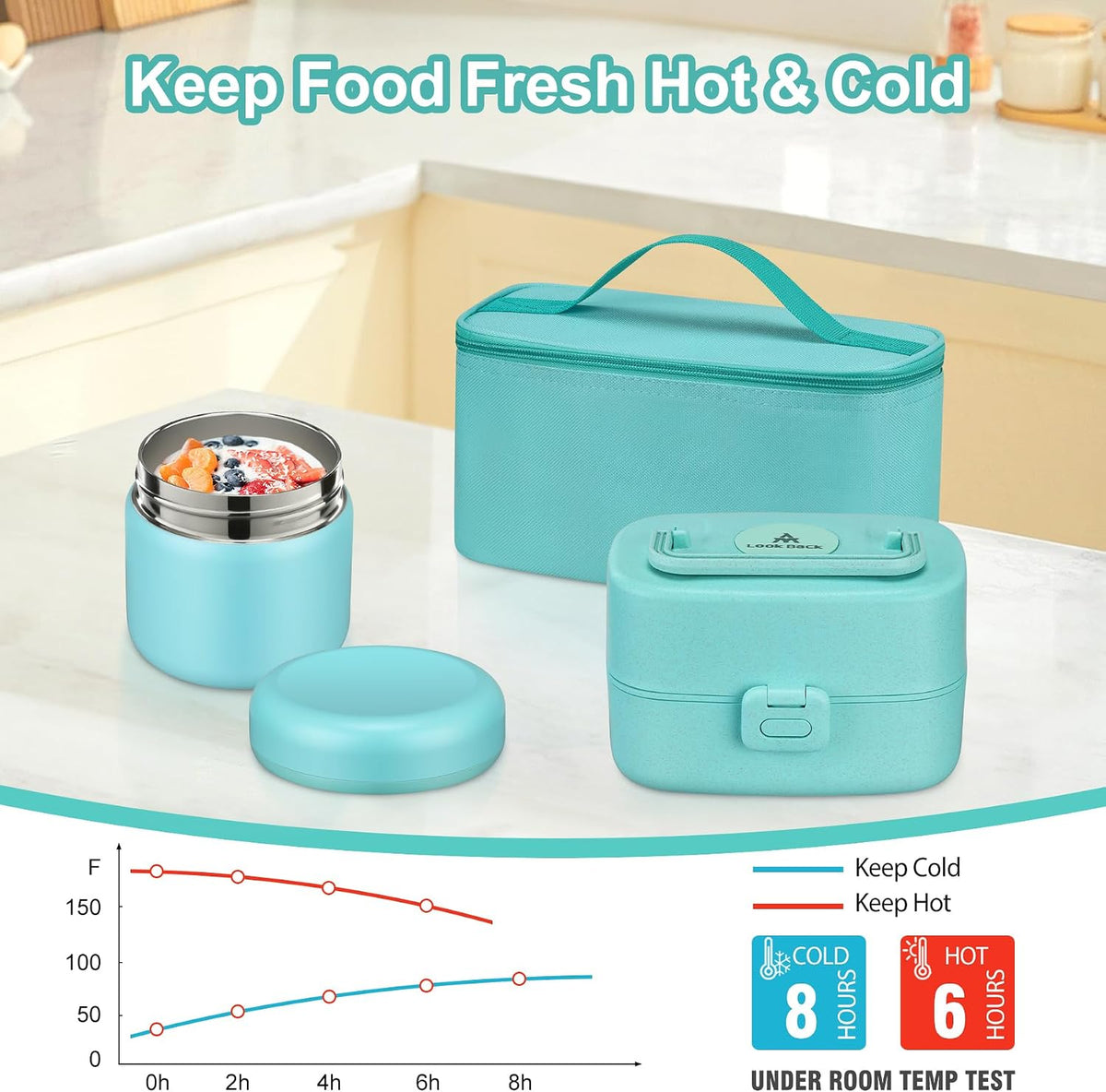 Pawtong Bento Lunch Box with 8oz Soup Thermo, Kids Sustainable Bento Box Leakproof Lunch Food Containers with Lunch Bag, Kids Thermo Insulated Hot Food Jar for School, Trvael (Blue)