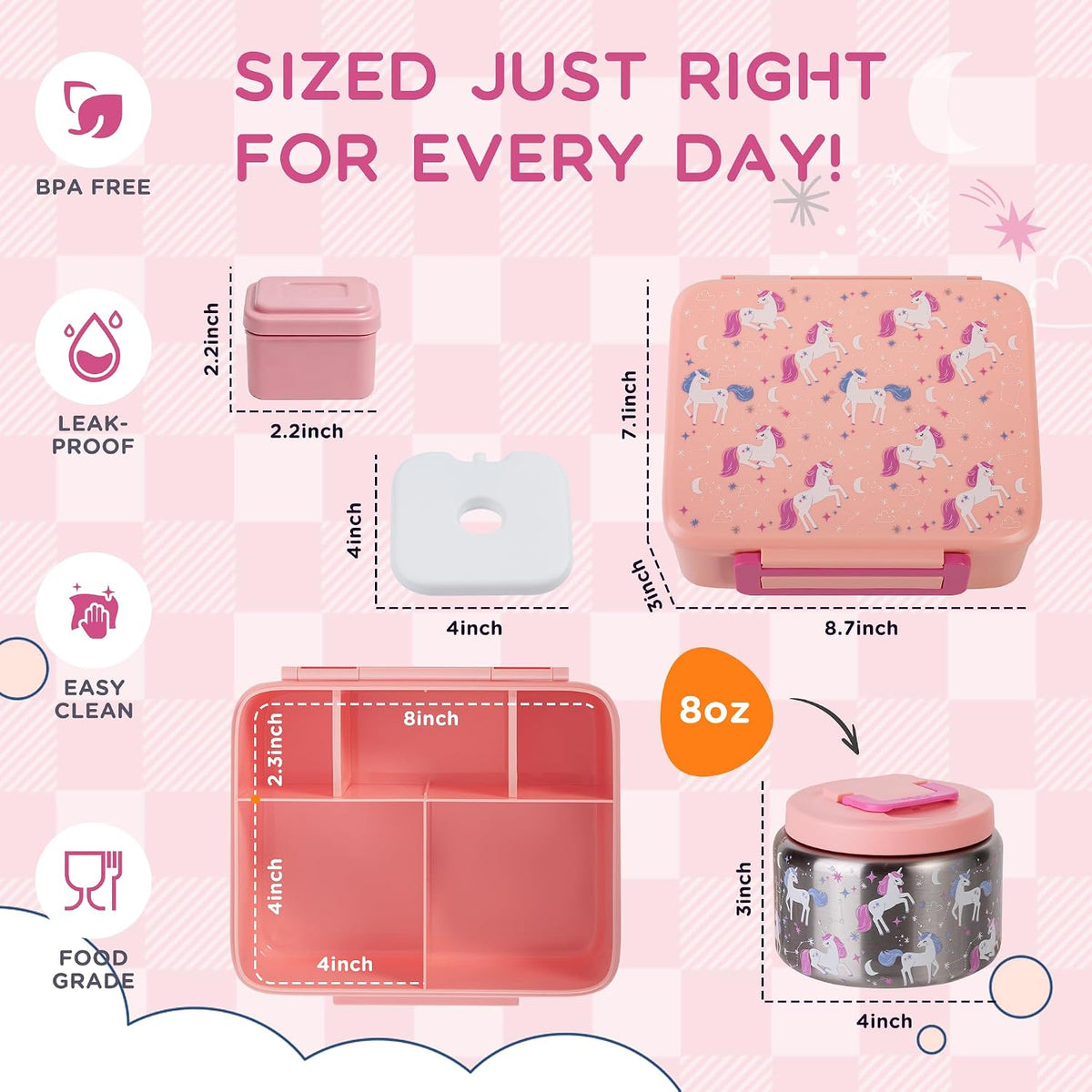 Kids Bento Lunch Box with 8oz Thermo, Ice Pack & Dividers for School