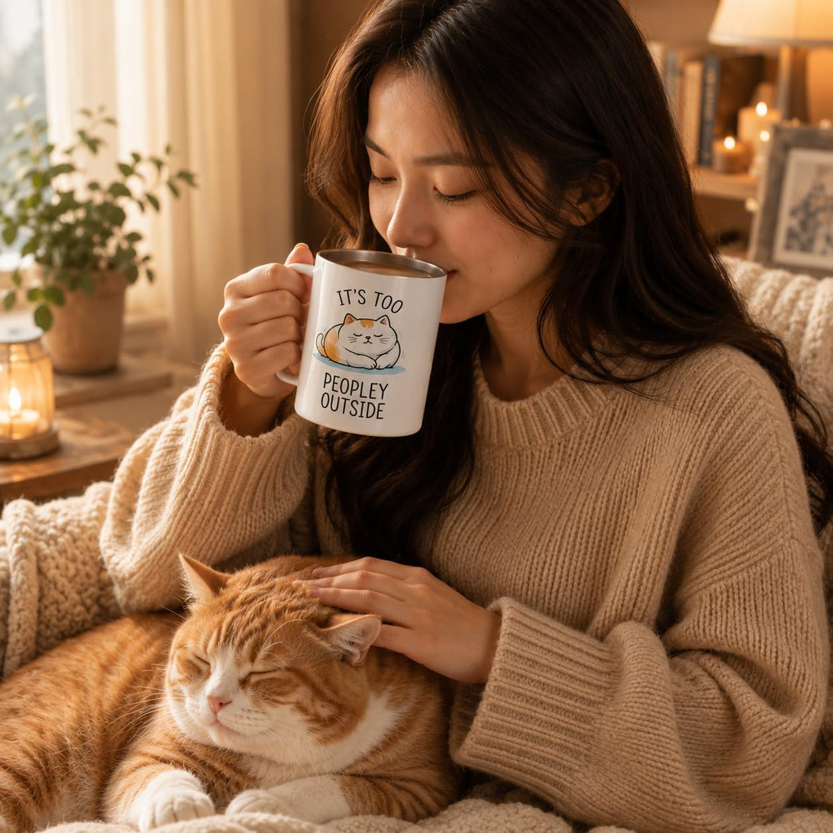 Hyturtle It's Too Peopley Outside Cat Mug With Lid & Spoon Gifts for Women
