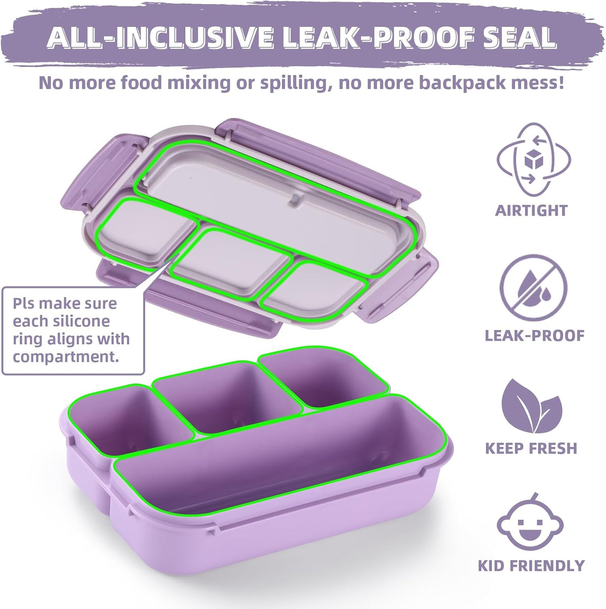 QQKO Bento Box Adult Lunch Box, Lunch Containers for Adults Men Women, Kids Lunch Boxes for School with 4 Compartments, Sauce Container, Utensils and Muffin Cups, Purple