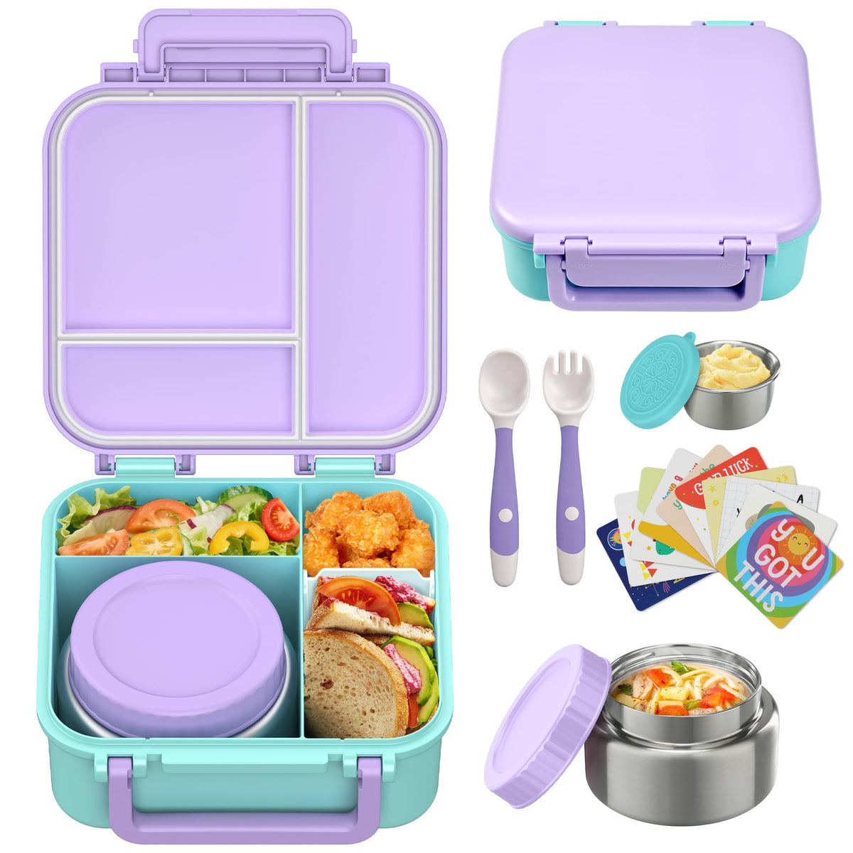 Kids Bento Lunch Box with 9oz Soup Thermo Leakproof Lunch Food Containers 4 Compartment with Insulated Hot Food Jar for Kid Toddler Girls Boys to School Trvael