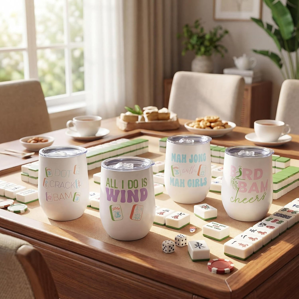 Patelai 4 PC Mahjong Cup Gift Tumbler with Lid Straw, 12 oz, Cute Mahjong