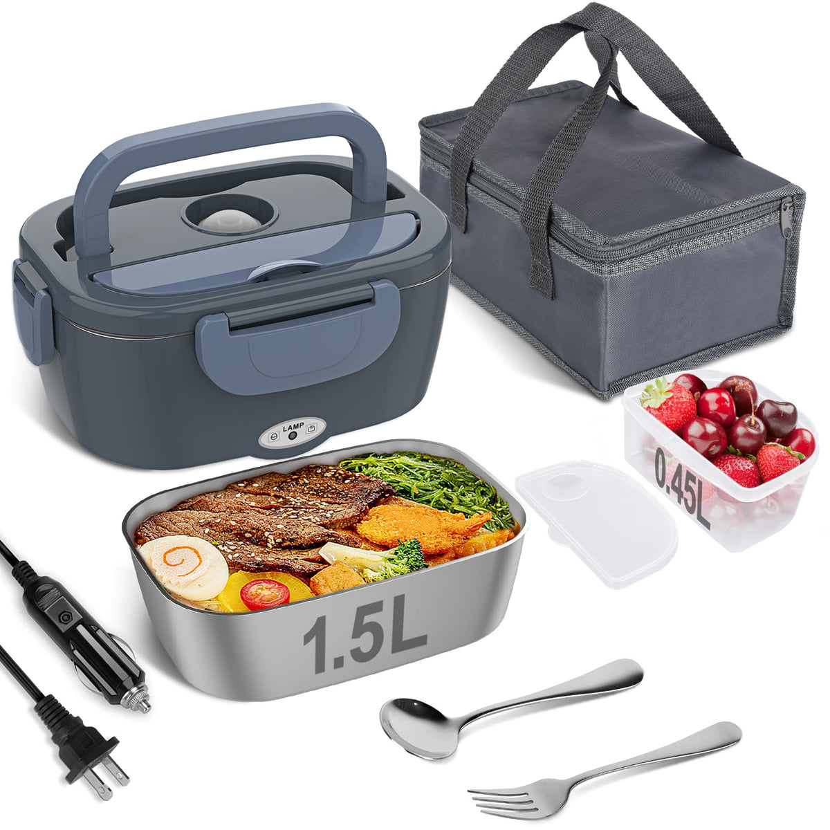 Vabaso Electric Lunch Box for Adults, 80W Heated Lunch Box Portable Food Warmer Lunch Box for Work/Men/Car/Truck with 1.5L 304 Stainless Steel Container Fork & Spoon, 110V/12V/24V