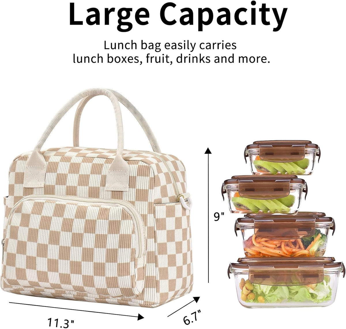 Lunch Bag Women Lunch Box for Women Adult Cute Insulated Lunch Bag Lager Cooler Lunch Tote Bags for Work Picnic (Beige-Brown Plaid)