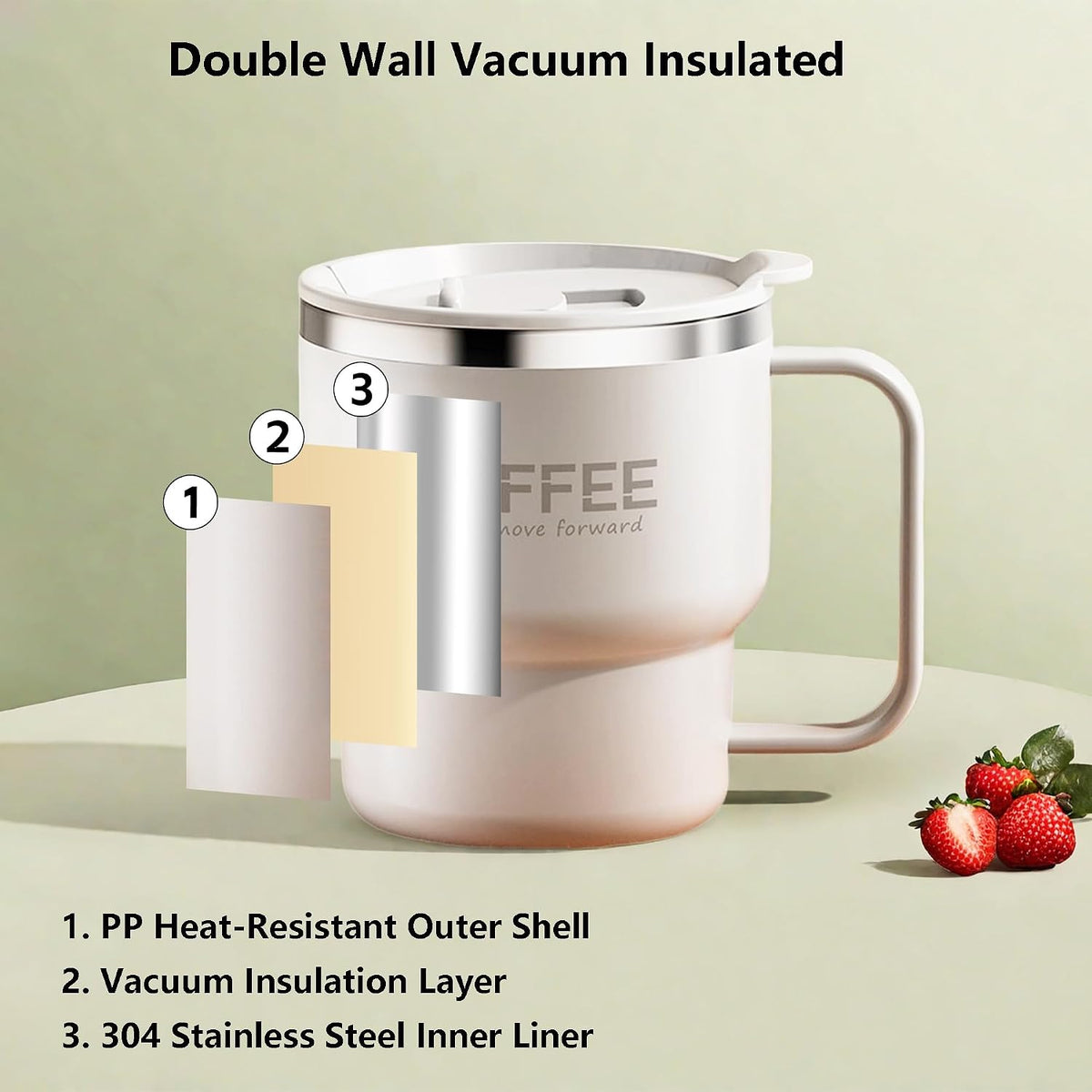 12 oz Insulated Coffee Mug with Lid and Handle, Double Wall Vacuum Insulated, Stainless Steel, Travel Cup for Hot or Cold Drinks