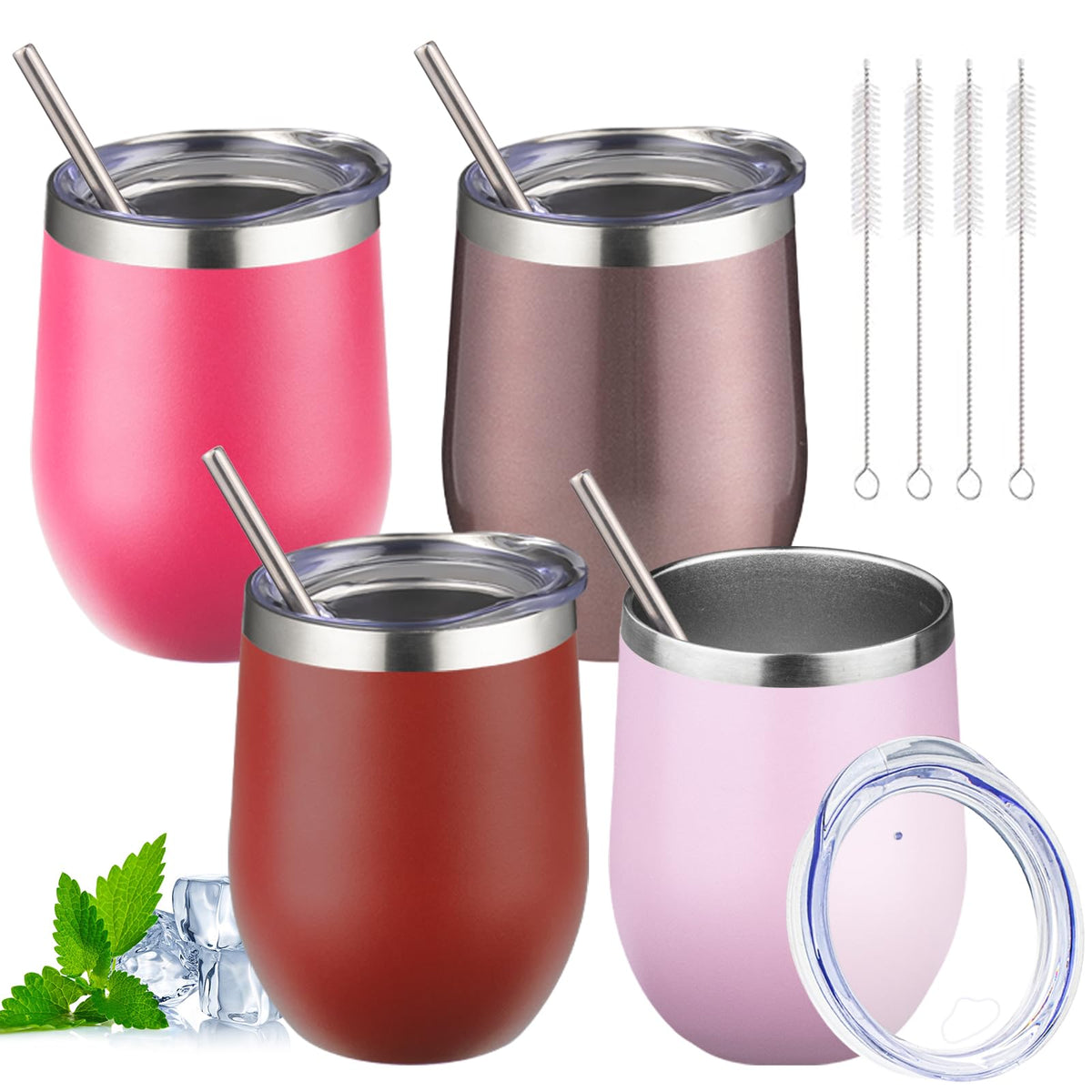 12oz Stemless Wine Tumbler with Lid Double Wall Insulated Wine Cup Stainless Steel Glasses Tumbler with Straw Insulated Cocktail Tumbler Coffee Mug for Hot and Cold Beverages (Multicolor-4, 4 Pack)