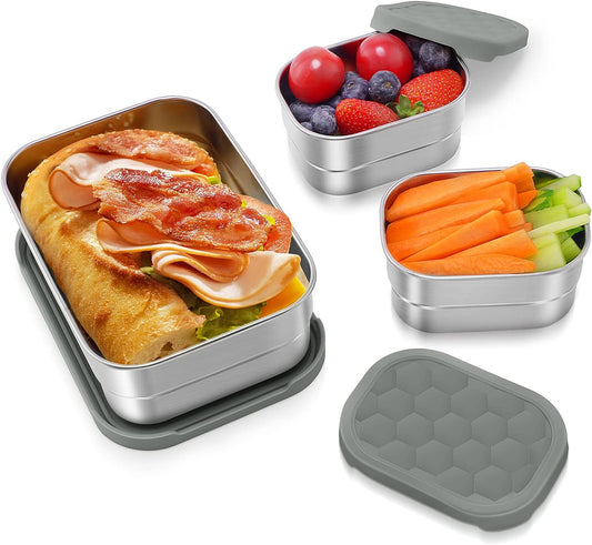 Tanjiae 3 CUP+1 CUP Stainless Steel Lunch Snack Containers Set | Leak Proof 304 Stainless Steel Food Containers with Silicone Lids - Perfect Metal Lunch Box for School and Daycare (25oz+8oz*2)