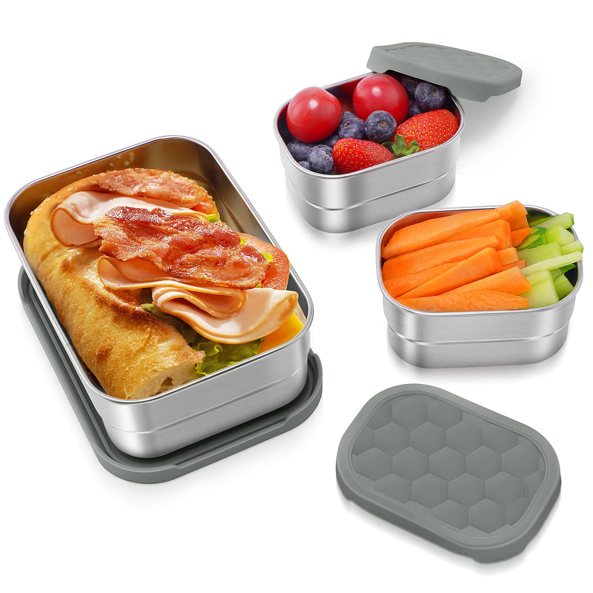 Tanjiae 3 CUP+1 CUP Stainless Steel Lunch Snack Containers Set | Leak Proof 304 Stainless Steel Food Containers with Silicone Lids - Perfect Metal Lunch Box for School and Daycare (25oz+8oz*2)