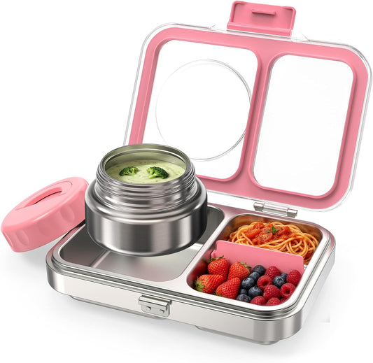 HOMEKOL Stainless Steel Bento Lunch Box + 9.5oz Insulated Food Jar, Pink