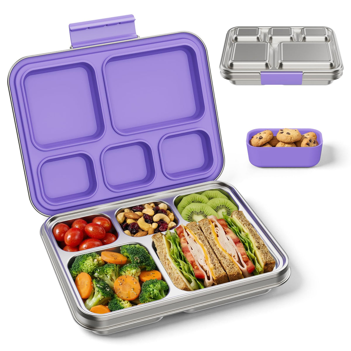 Stainless Steel Bento Lunch Box for Kids & Adults, 5 Compartment Metal Portable Bento Box with Silicone Food Container and Removable Silicone Seal,BPA-Free,School,Office(Pink)