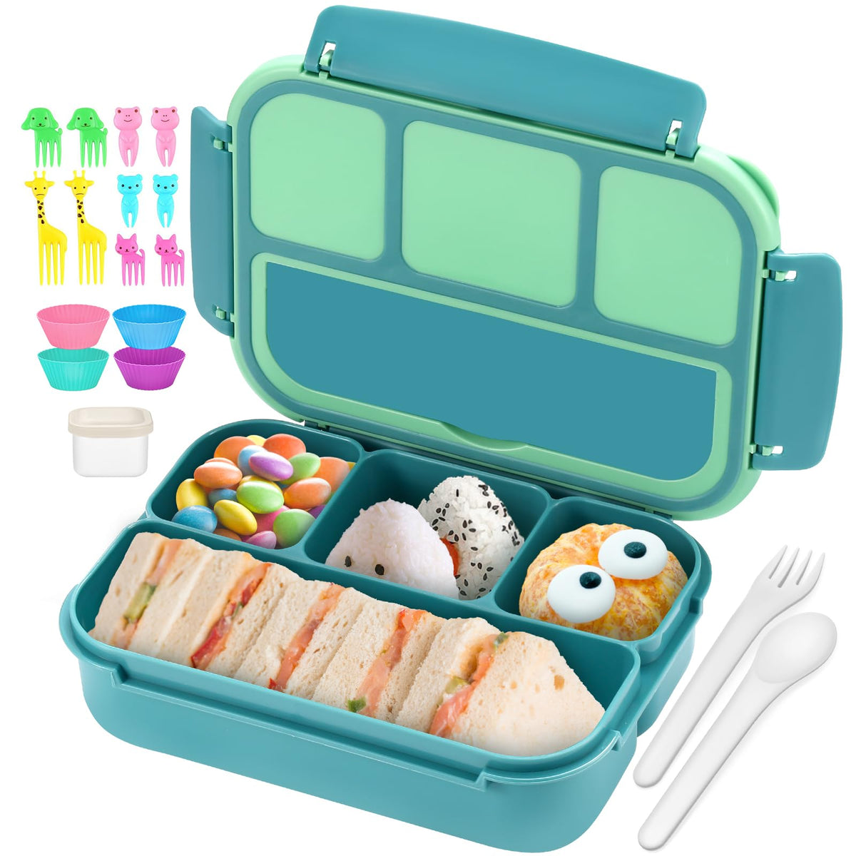 QQKO Bento Box Adult Lunch Box, Lunch Containers for Adults Men Women, Kids Lunch Boxes for School with 4 Compartments, Sauce Container, Utensils and Muffin Cups, Purple