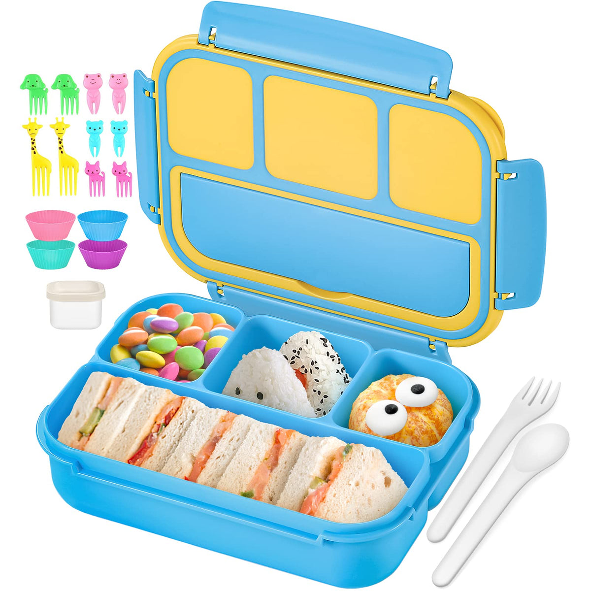 QQKO Bento Box Adult Lunch Box, Lunch Containers for Adults Men Women, Kids Lunch Boxes for School with 4 Compartments, Sauce Container, Utensils and Muffin Cups, Purple