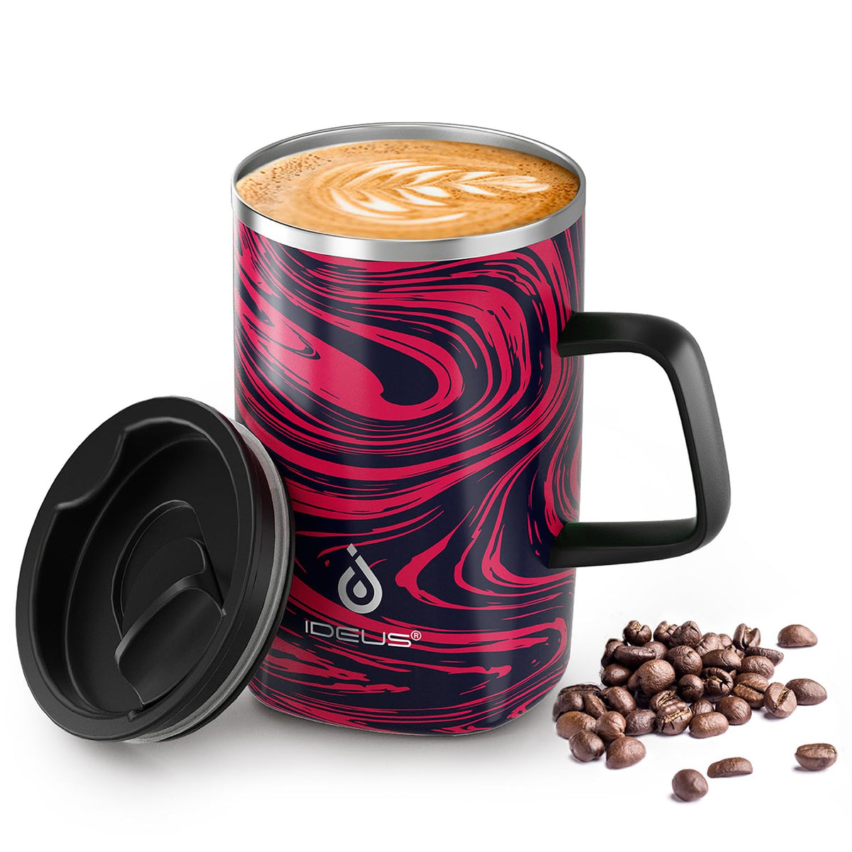 Ideus 16 oz Insulated Coffee Mug with Lid and Handle, Leopard Pink