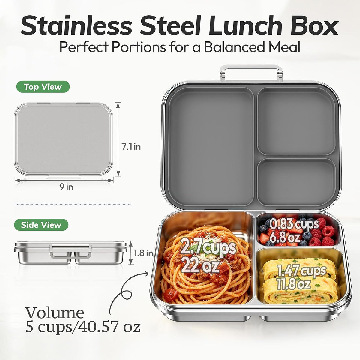 Stainless Steel Bento Lunch Box for Kids and Adults,3 Compartment Meal Lunch Box with Detachable Silicone Lid,Leak-Resistant Food Container with Snack Cup for School,BPA-Free(Grey)