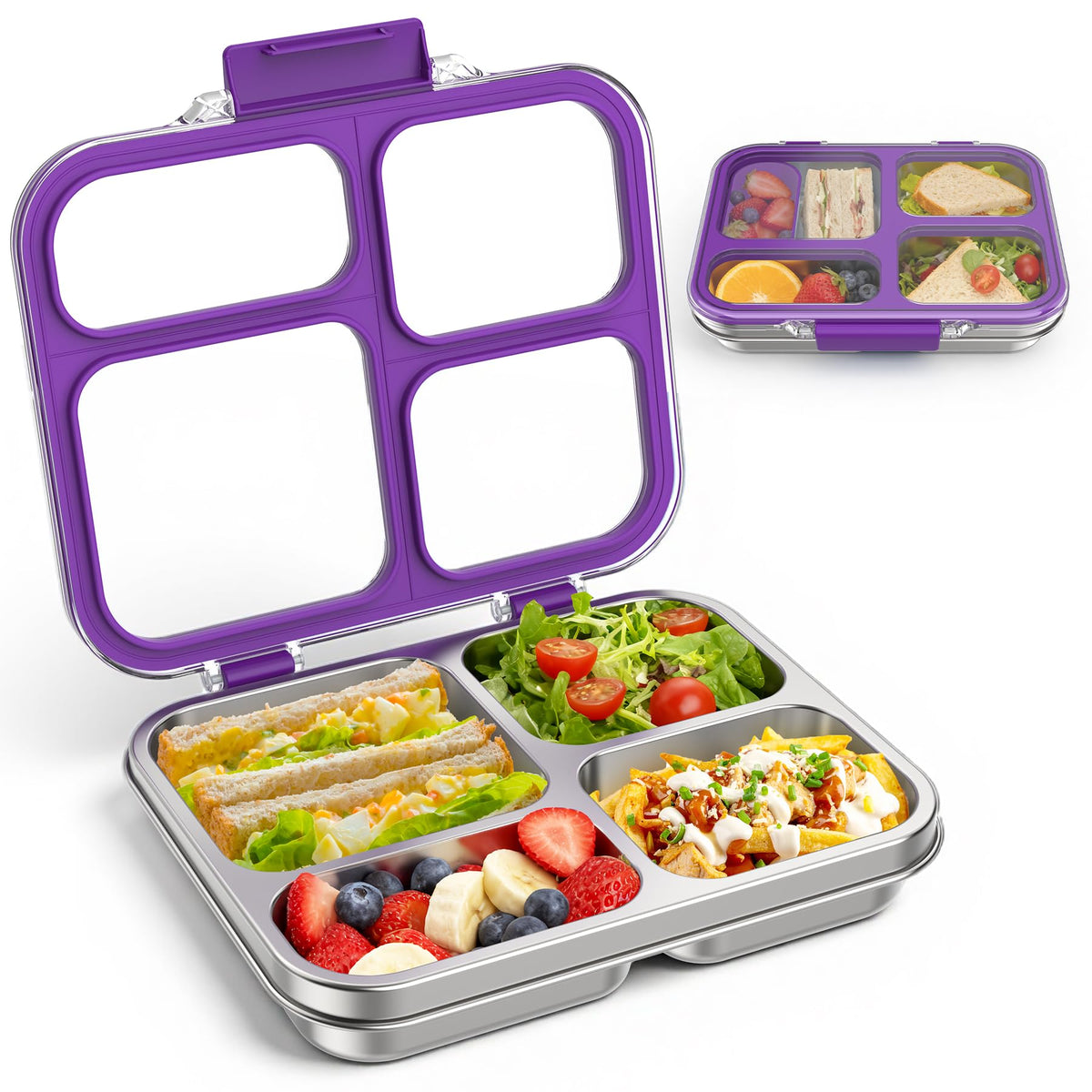 Stainless Steel Bento Box for Kids Adults with Silicone Container, Leak Proof 4 Compartments Metal Lunch Box, Removable Silicone Seal & Clear Lid Food Container for School Office, BPA-Free(Black)