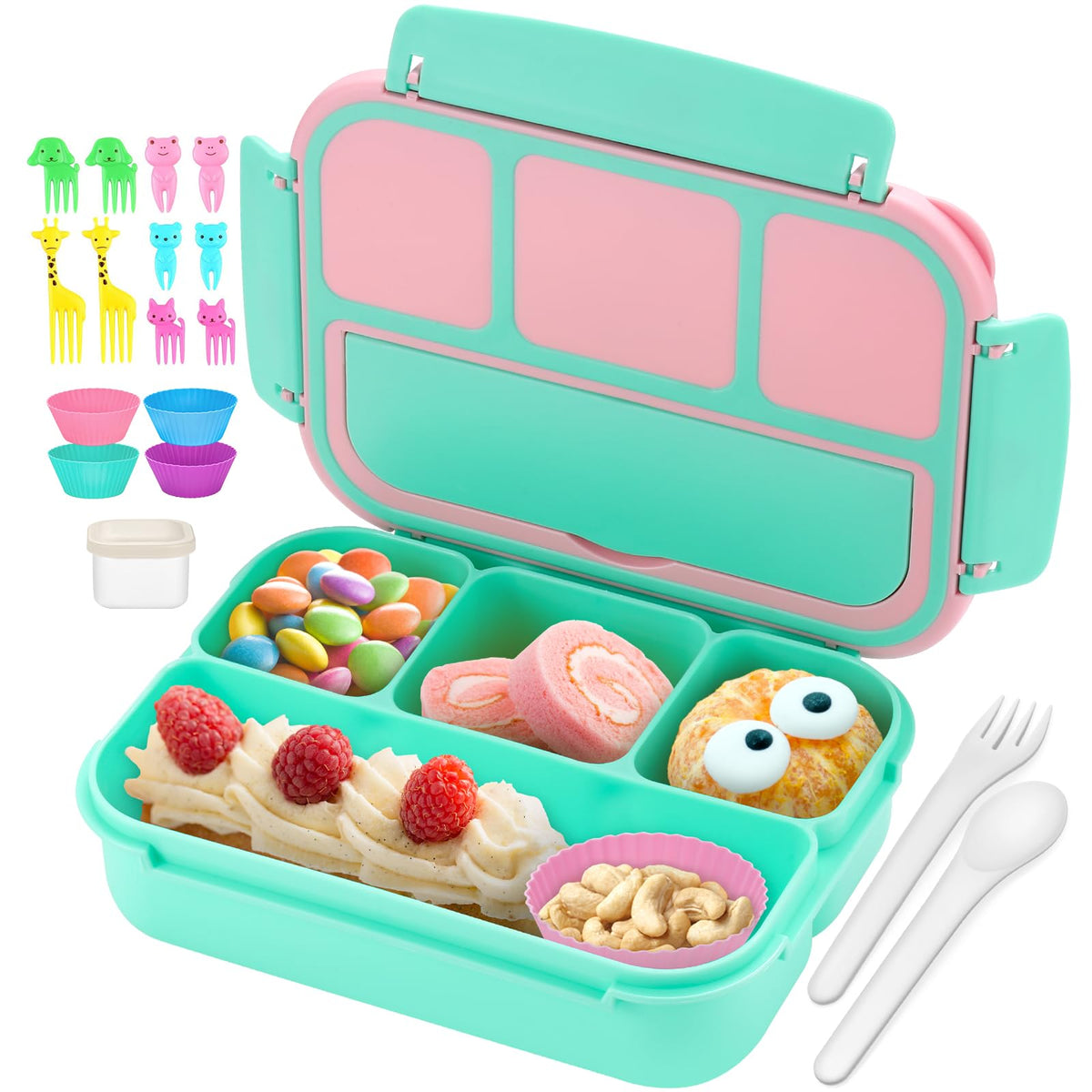 QQKO Bento Box Adult Lunch Box, Lunch Containers for Adults Men Women, Kids Lunch Boxes for School with 4 Compartments, Sauce Container, Utensils and Muffin Cups, Purple