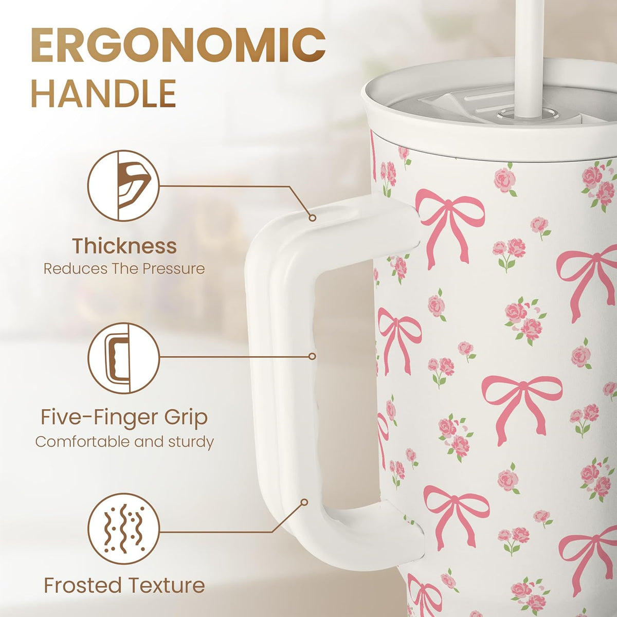 SANDJEST Bow Tumbler with Handle 40oz, Stainless Steel Insulated Tumblers Coffee Travel Cup with Slider Straw Lid, Gifts for Women Teen Girls Birthday