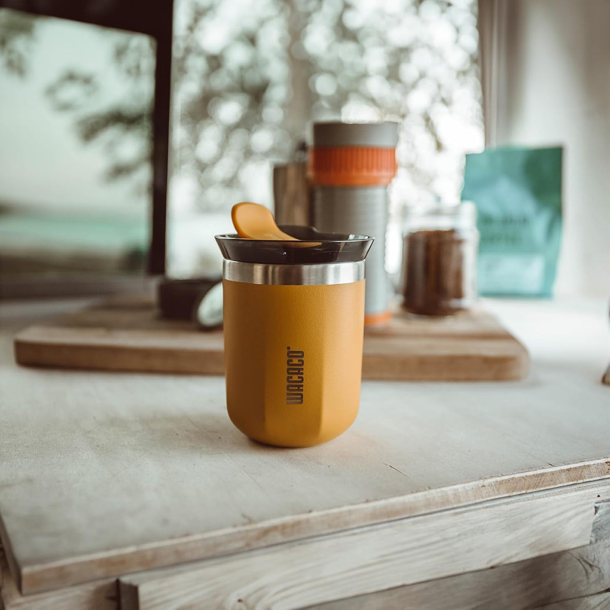 WACACO Octaroma Classico Travel Coffee Mug, Double-wall Stainless Steel Travel Tumbler With Drinking Lid, 6 fl oz (180ml), Amber Yellow