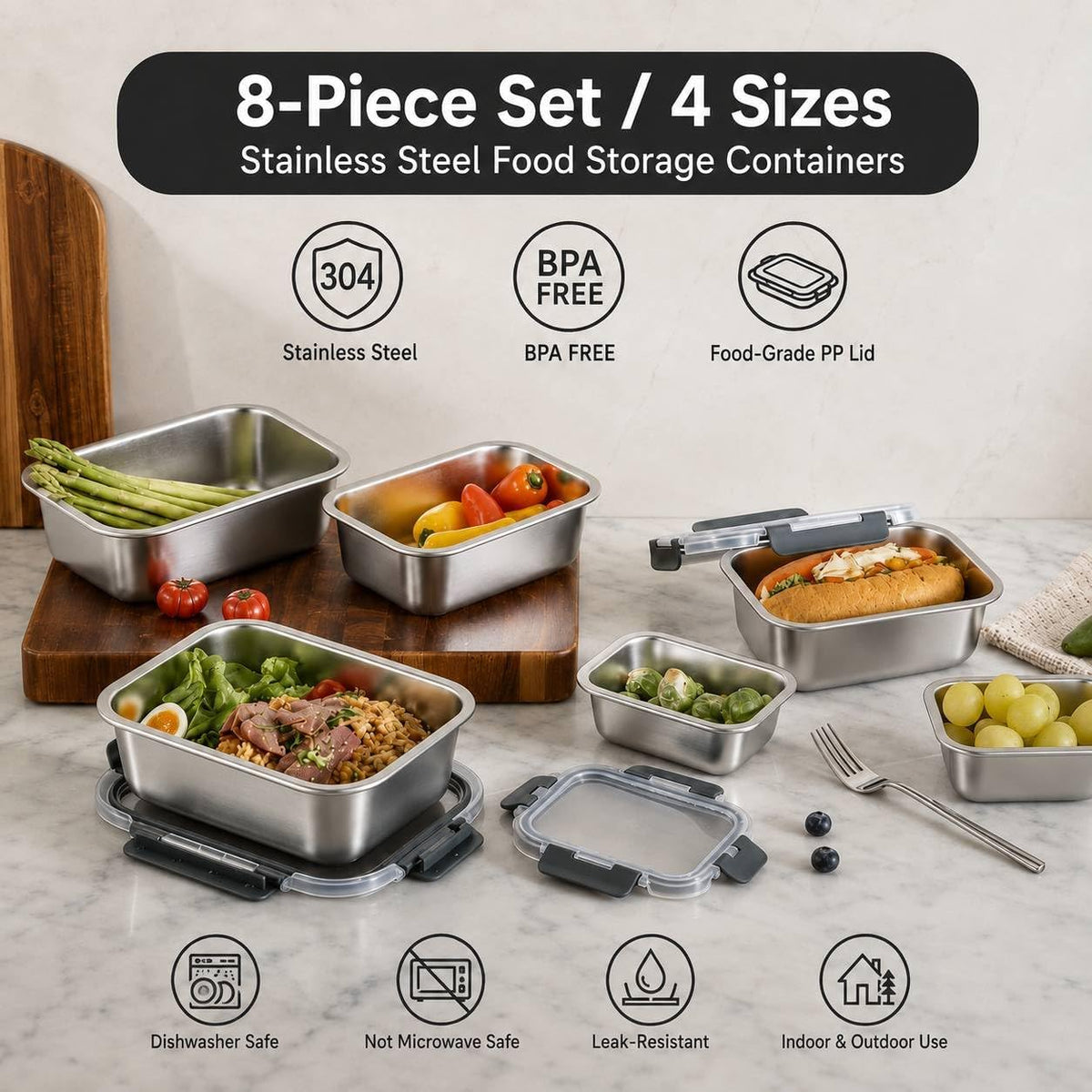 8 PCS Stainless Steel Lunch Box 4-Size Food Storage Containers with Lids