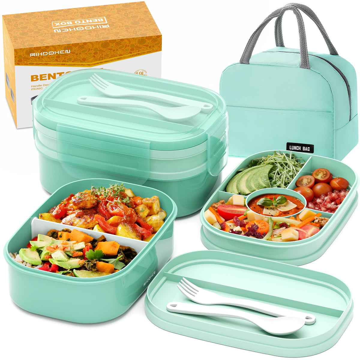 RIKDOKEN Bento Lunch Box, Stackable 2 Layers Containers with Compartments, Portable 64OZ Large Capacity Leakproof Bento Box with Spoon & Fork & Lunch Bag, Microwave Safe Lunch Box for Kids and Adults