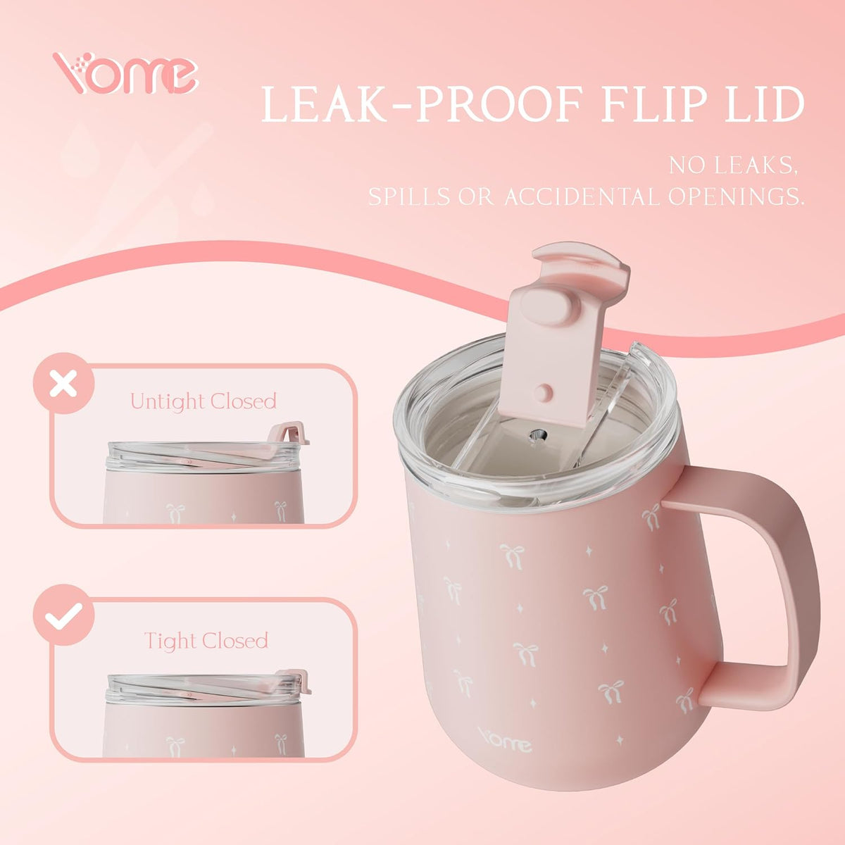 YOME 10oz Bow Light Pink Insulated Coffee Mug with Handle for Women | Ceramic Lined Coffee Mug with Splash-Resistant Lid| Pure Taste Stainless Steel Coffee Cup | Easy to Clean | Keeps Drinks Cold