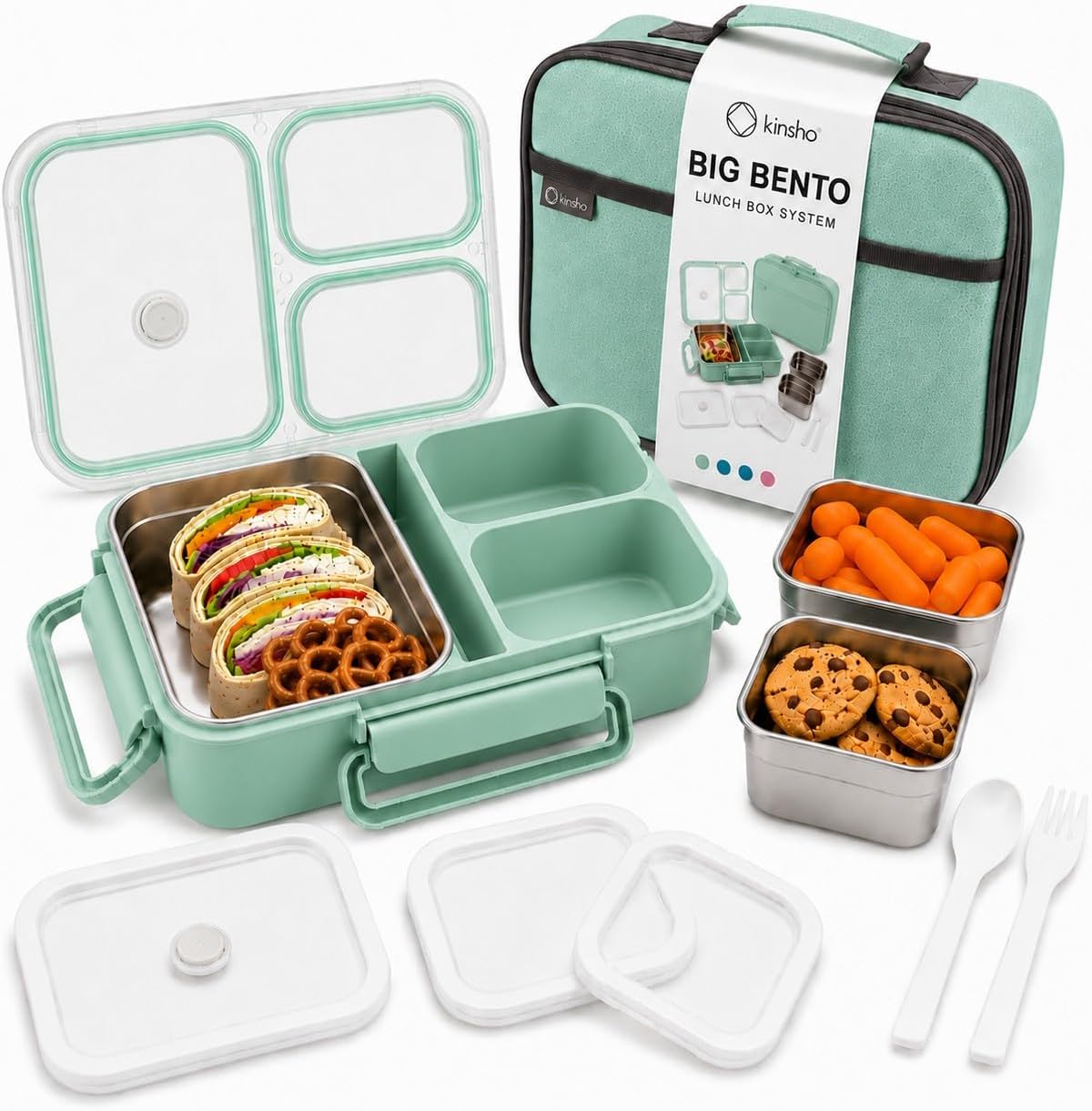 kinsho BIG Bento Lunch Box & Bag, Stainless Steel - Adults Teens Kids Green