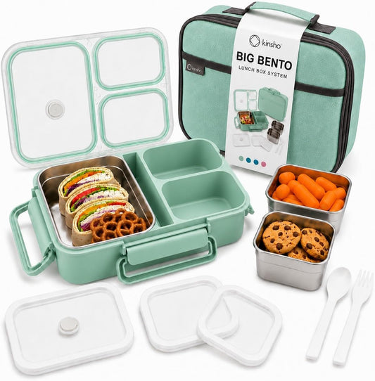 kinsho BIG Bento Lunch Box & Bag, Stainless Steel - Adults Teens Kids Green