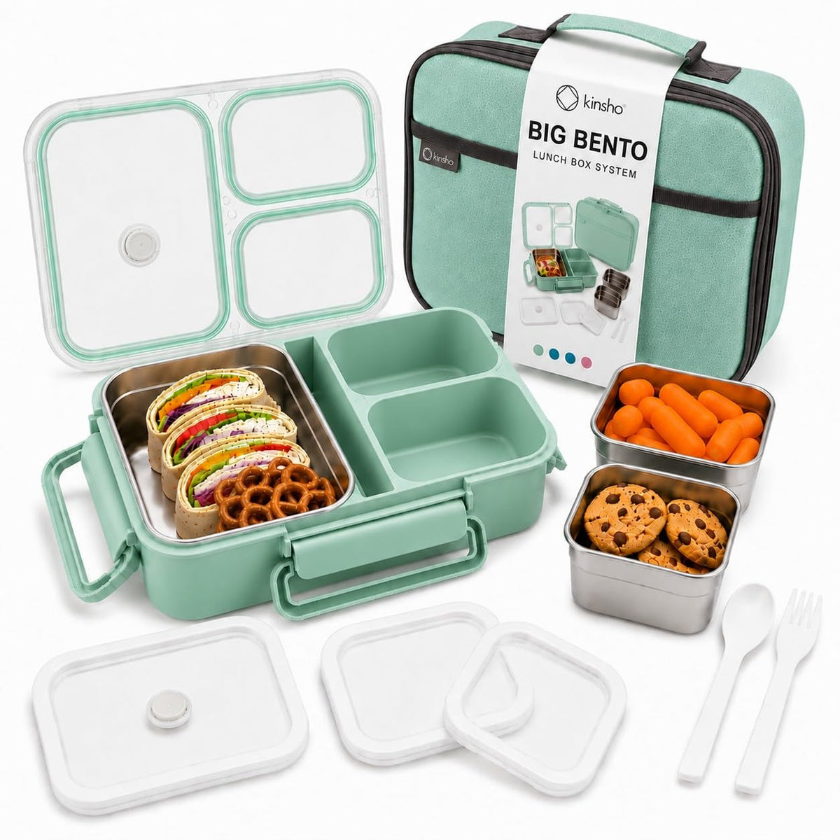 kinsho BIG Bento Lunch Box & Bag, Stainless Steel - Adults Teens Kids Green