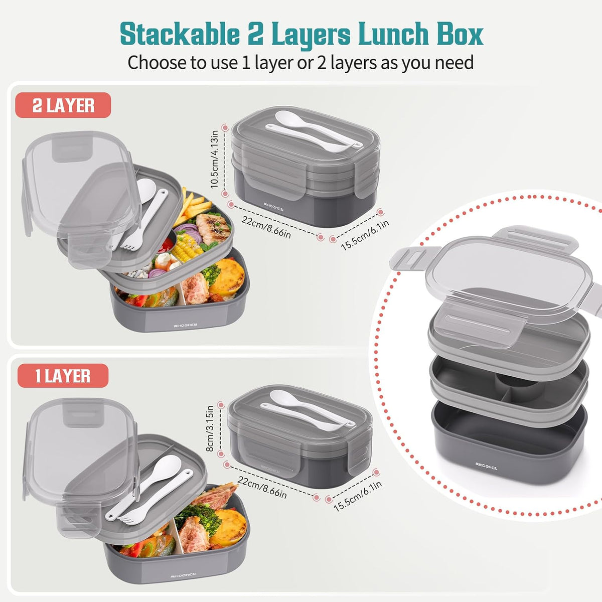 RIKDOKEN Bento Lunch Box, Stackable 2 Layers Containers with Compartments, Portable 64OZ Large Capacity Leakproof Bento Box with Spoon & Fork & Lunch Bag, Microwave Safe Lunch Box for Kids and Adults