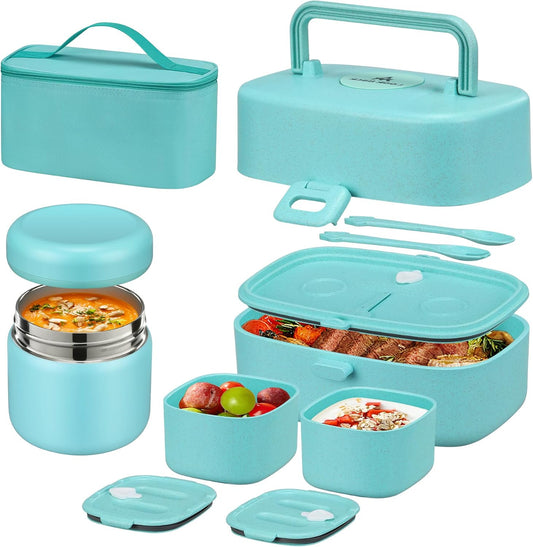 Pawtong Bento Lunch Box with 8oz Soup Thermo, Kids Sustainable Bento Box Leakproof Lunch Food Containers with Lunch Bag, Kids Thermo Insulated Hot Food Jar for School, Trvael (Blue)