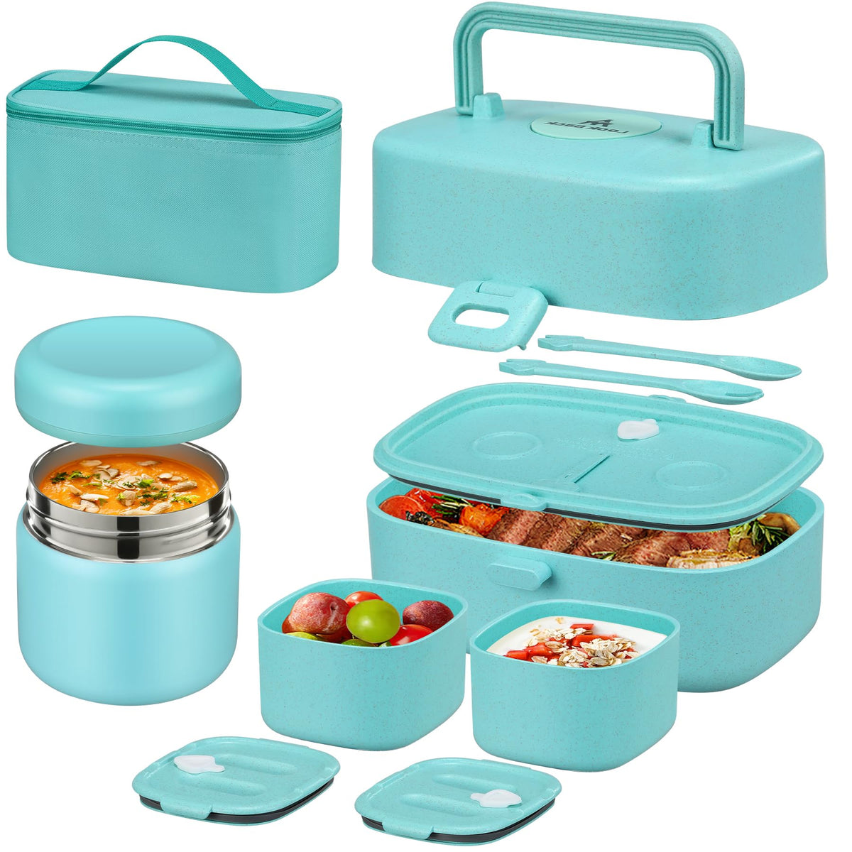 Pawtong Bento Lunch Box with 8oz Soup Thermo, Kids Sustainable Bento Box Leakproof Lunch Food Containers with Lunch Bag, Kids Thermo Insulated Hot Food Jar for School, Trvael (Blue)