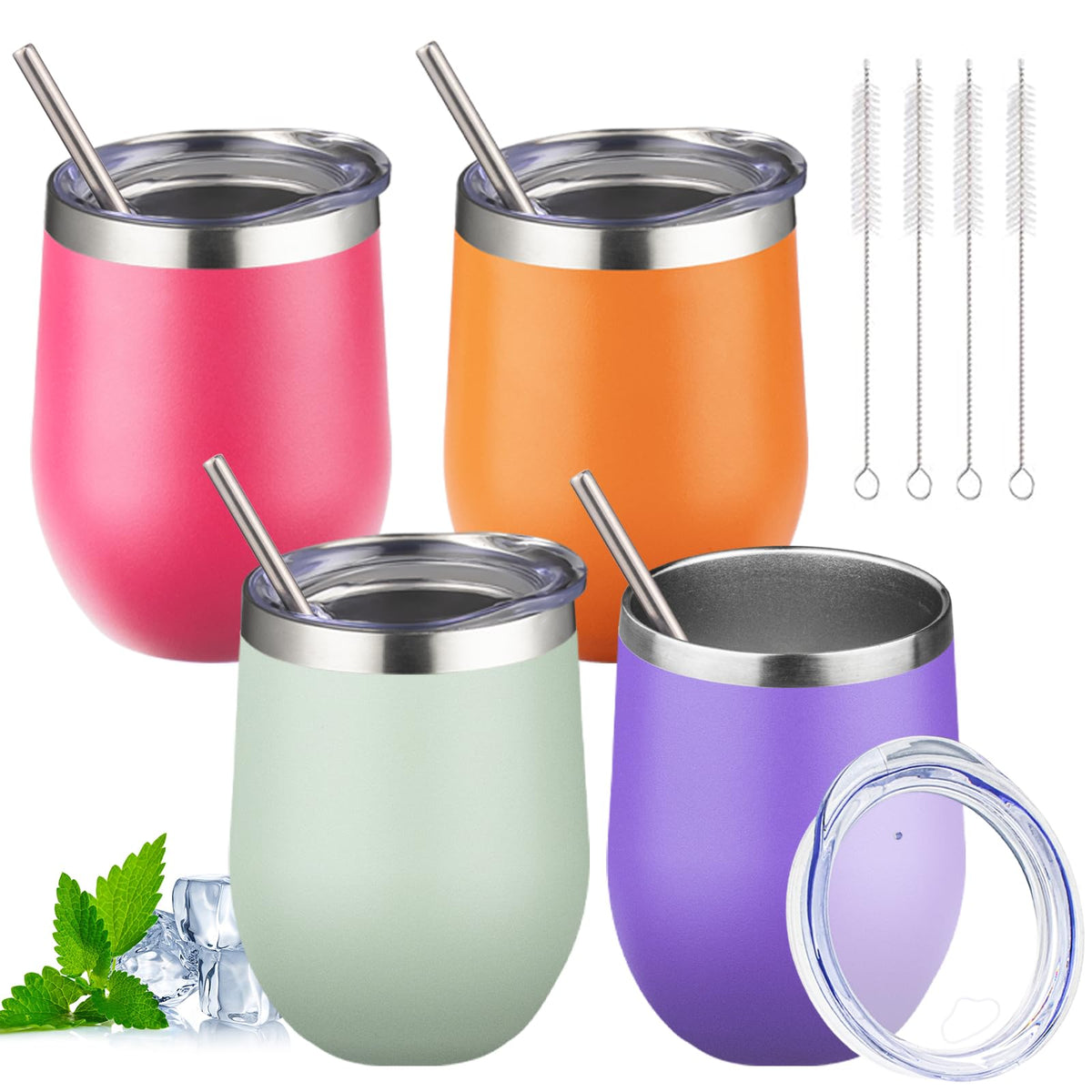 12oz Stemless Wine Tumbler with Lid Double Wall Insulated Wine Cup Stainless Steel Glasses Tumbler with Straw Insulated Cocktail Tumbler Coffee Mug for Hot and Cold Beverages (Multicolor-4, 4 Pack)