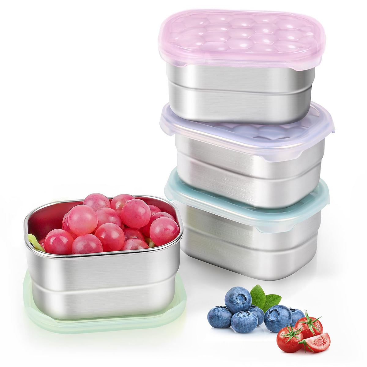 Tanjiae 3 CUP+1 CUP Stainless Steel Lunch Snack Containers Set | Leak Proof 304 Stainless Steel Food Containers with Silicone Lids - Perfect Metal Lunch Box for School and Daycare (25oz+8oz*2)